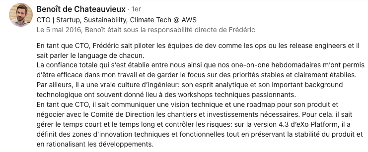 Recommandation de Benoit de Chateauvieux, Technical Leader de la société eXo Platform