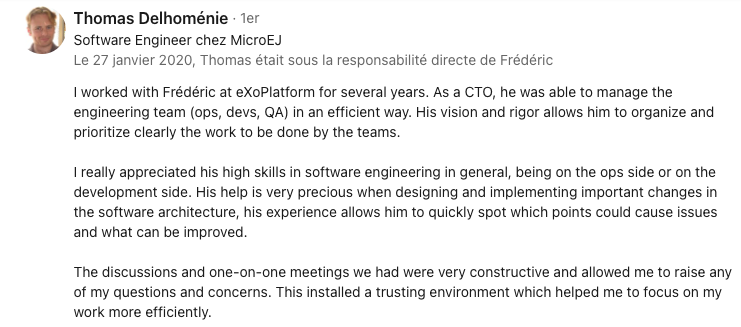 Recommandation de Thomas Delhomenie, Developer de la société eXo Platform