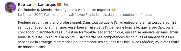 Recommandation de Patrice Lamarque, CPO de la société eXo Platform