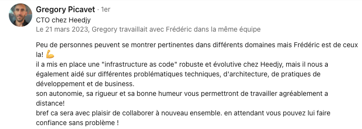 Recommandation de Gregory Picavet, CTO de la société Heedjy